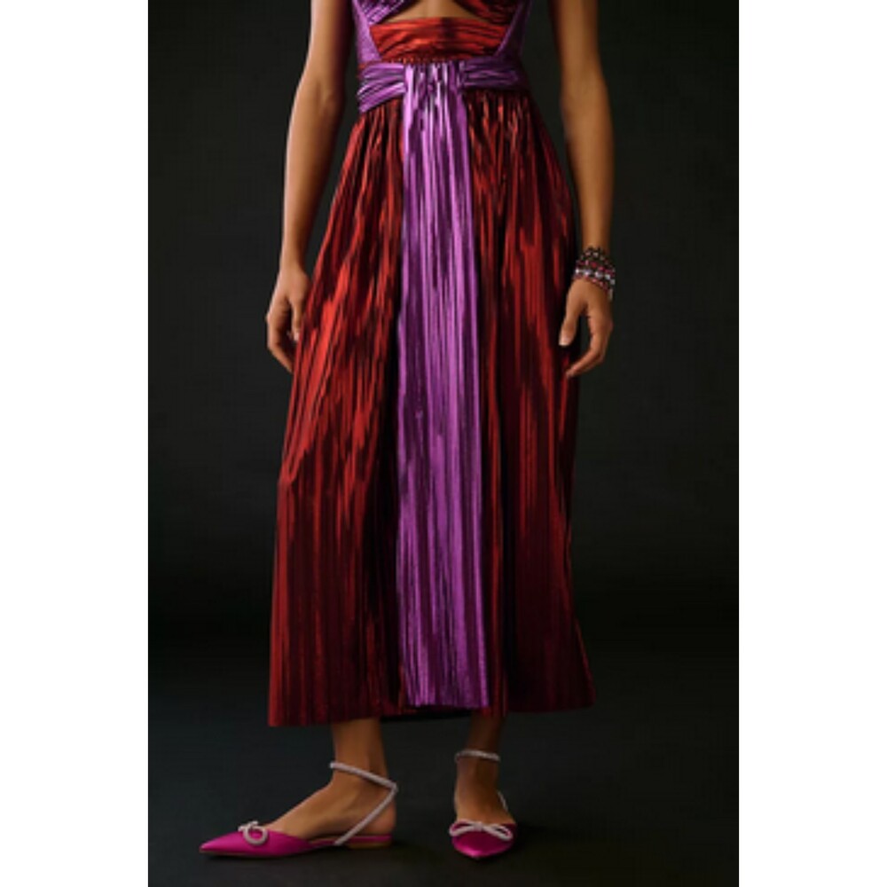 Anthropologie Purple Red Metallic Shimmer Pleated Slit Maxi Skirt (NWT)